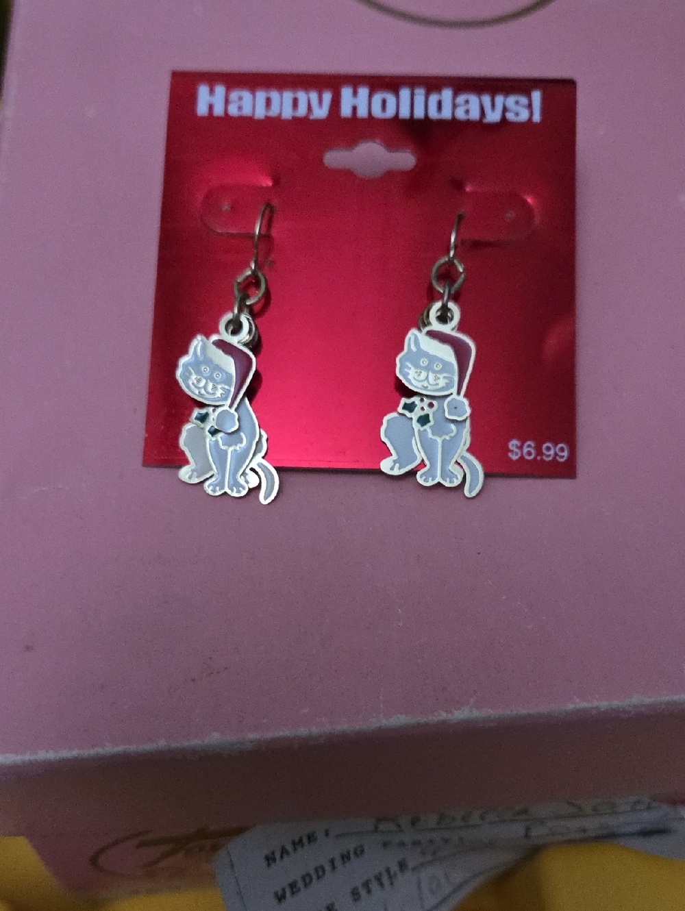 Happy Holidays Cat Dangle Earrings in Light Blue and Silver